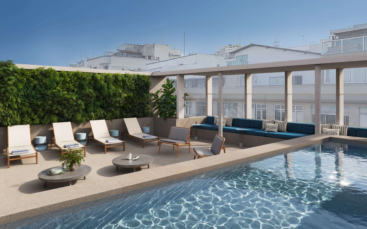 Perspectiva ilustrativa do empreendimento. Rooftop e lazer