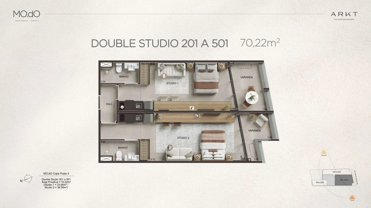Double Studio · 70,22 m² · Unidade 201–501