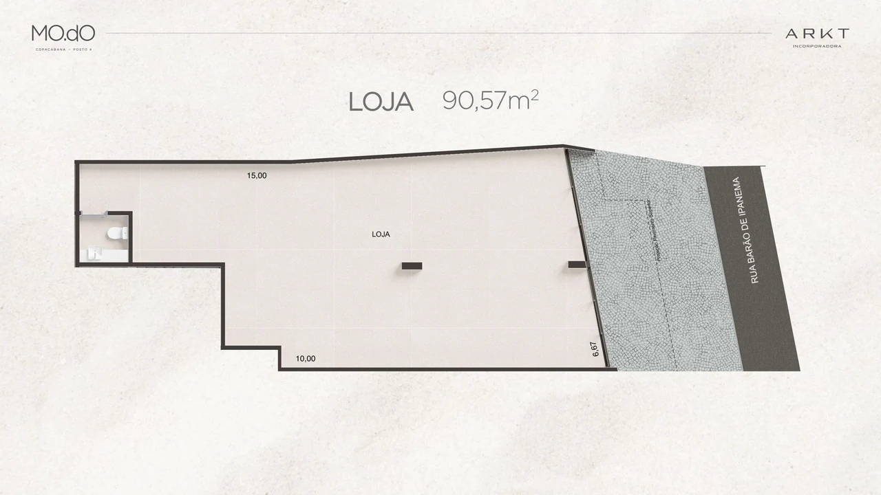 Loja no térreo · 90,57 m² · Áreas comuns / loja